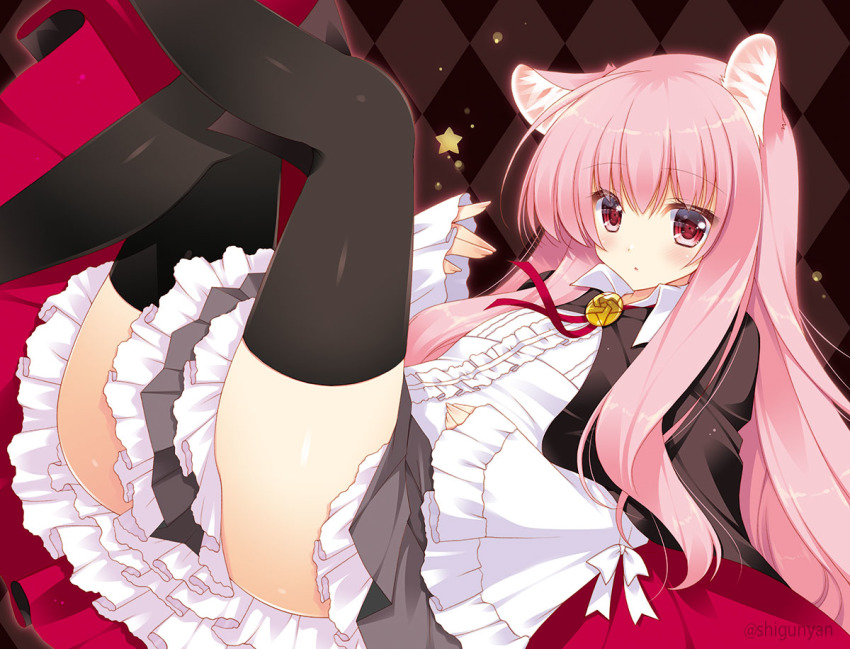 1girl animal_ear_fluff animal_ears argyle_background argyle_clothes black_cape blush cape cat_ears center_frills collared_shirt commentary_request feet_out_of_frame frilled_skirt frills grey_skirt hair_between_eyes hand_up kemonomimi_mode knee_up leg_up long_hair long_sleeves looking_at_viewer louise_francoise_le_blanc_de_la_valliere lying on_back parted_lips pink_hair pleated_skirt red_cape red_eyes shigunyan shirt skirt sleeves_past_wrists solo star_(symbol) very_long_hair white_shirt wide_sleeves zero_no_tsukaima