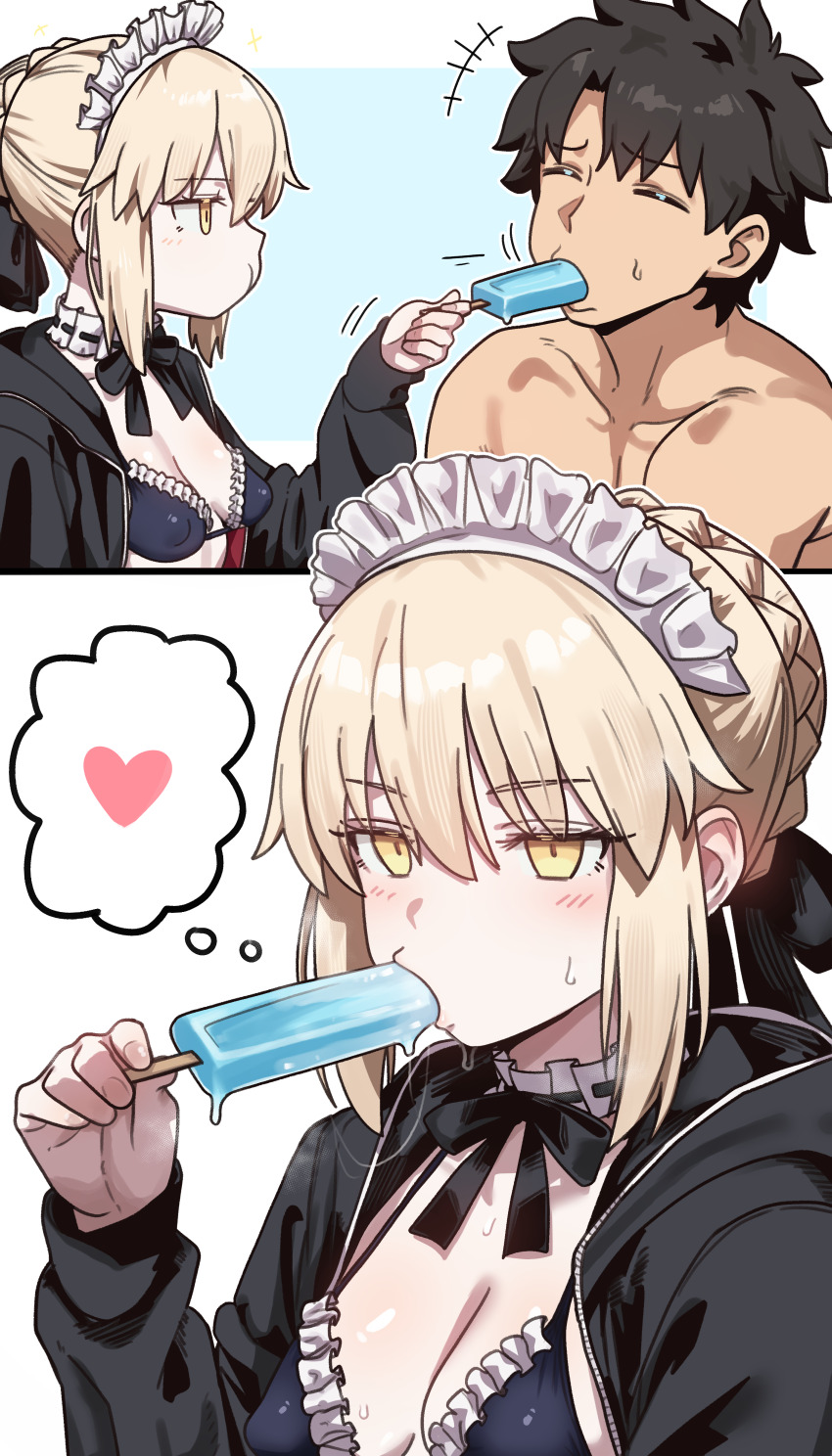 1boy 1girl absurdres artoria_pendragon_(fate) bad_source bikini black_bikini black_hair blonde_hair blush breasts cleavage closed_eyes ebora fate/grand_order fate_(series) food fujimaru_ritsuka_(male) highres long_sleeves maid maid_bikini maid_headdress medium_breasts medium_hair popsicle saber_alter saber_alter_(swimsuit_rider)_(second_ascension) short_hair sidelocks swimsuit unconventional_maid yellow_eyes