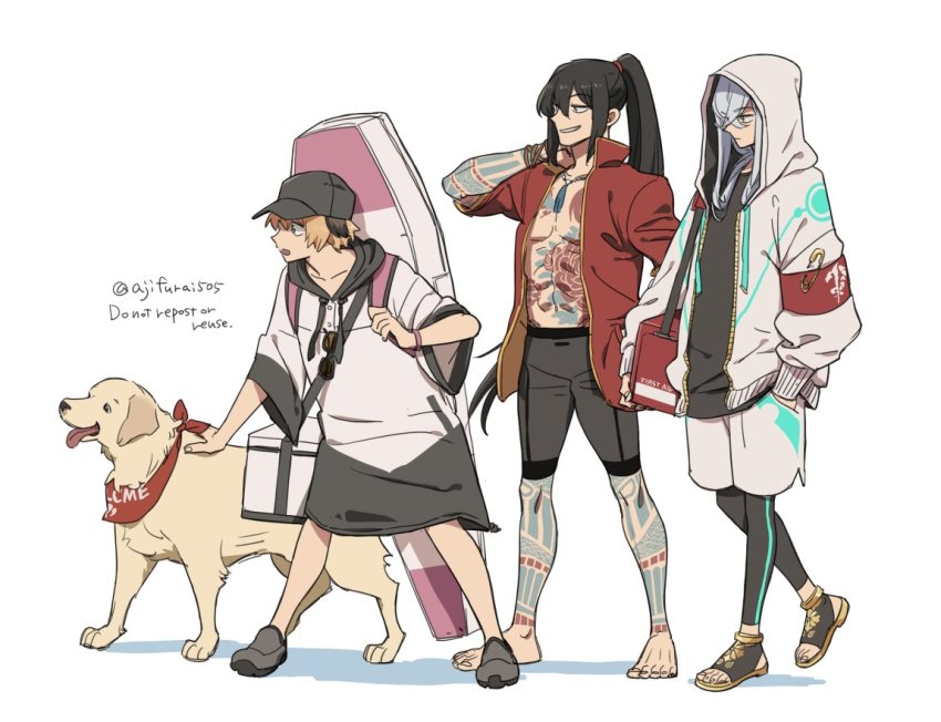 1girl 2boys animal armband asaya_minoru asclepius_(fate) asclepius_(summer_rescue)_(fate) barefoot baseball_cap black-framed_eyewear black_hair black_headwear black_leggings black_shirt blonde_hair brown_footwear dog english_text eyewear_hang fate/grand_order fate_(series) gareth_(fate) gareth_(swimsuit_saber)_(fate) gareth_(swimsuit_saber)_(first_ascension)_(fate) grey_footwear grey_hair grey_male_swimwear hand_in_pocket hat hood hood_down hood_up hooded_jacket hoodie jacket leggings long_hair long_hoodie long_sleeves looking_away male_swimwear multiple_boys open_clothes open_jacket open_mouth ponytail puffy_long_sleeves puffy_sleeves red_jacket safety_pin sandals shadow shirt short_hair short_sleeves simple_background sunglasses swim_trunks twitter_username unworn_eyewear very_long_hair white_background white_hoodie white_jacket white_shirt wide_sleeves yan_qing_(fate) yan_qing_(training_wear)_(fate)