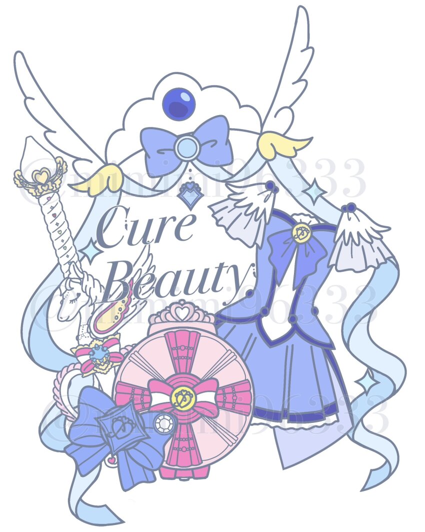 blue_bow blue_bowtie blue_ribbon blue_shirt blue_skirt bow bowtie brooch character_name clothes_only coattails compact_(cosmetics) cosmetics cure_beauty feather-trimmed_sleeves frilled_skirt frills hair_ornament highres jewelry magical_girl mimimi96333 miniskirt no_humans pleated_skirt pleated_sleeves precure ribbon shirt short_sleeves simple_background skirt skirt_set smile_pact smile_precure! tiara twitter_username unicorn wand watermark white_background wing_hair_ornament
