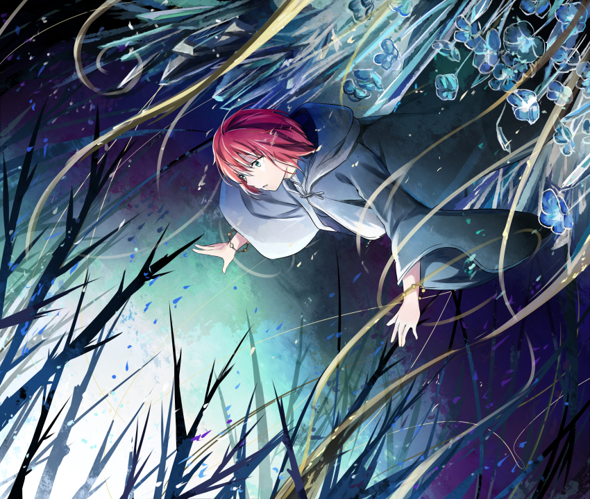 1girl absurdres bead_bracelet beads bracelet cloak female_focus flower green_eyes hatori_chise highres hood hood_down jeffrey10 jewelry mahou_tsukai_no_yome red_hair short_hair solo thorns wide_sleeves