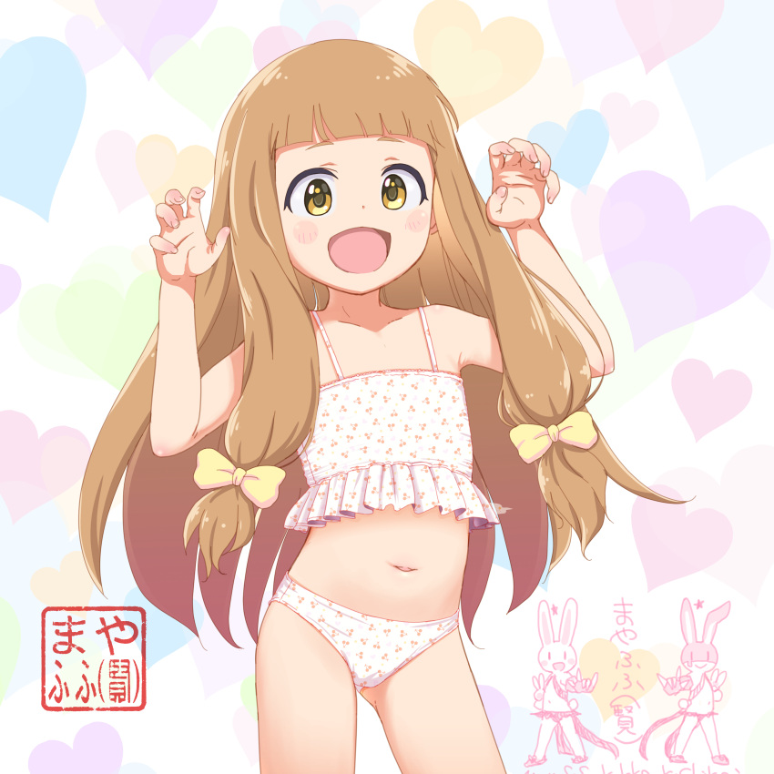 1girl :d absurdres bikini bow brown_hair flat_chest frilled_bikini frills hair_bow has_bad_revision has_downscaled_revision highres ichihara_nina idolmaster idolmaster_cinderella_girls idolmaster_cinderella_girls_u149 loli long_hair looking_at_viewer mayafufu md5_mismatch navel open_mouth resolution_mismatch smile solo source_smaller swimsuit white_bikini yellow_bow