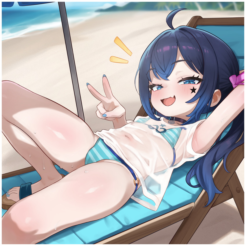 1girl absurdres armpits beach bikini blue_bikini blue_eyes blue_hair blue_nails blurry blurry_background commentary commission dallei depth_of_field fang flat_chest highres indie_virtual_youtuber long_hair looking_at_viewer mugen_mochi nail_polish o-ring o-ring_bikini open_mouth outdoors pixiv_commission see-through_clothes see-through_shirt shirt skin_fang solo star_sticker striped_bikini striped_clothes swimsuit toenail_polish toenails twintails v virtual_youtuber wet wet_clothes wet_shirt white_shirt