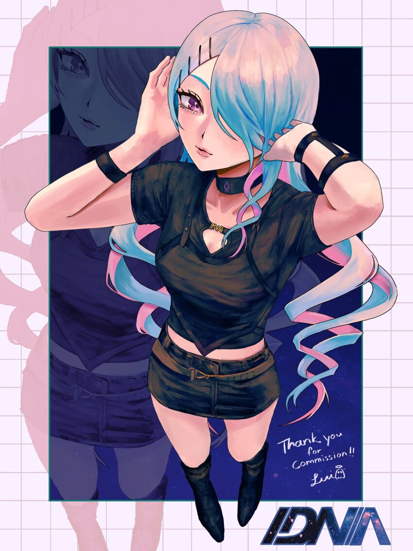 1girl absurdres aqua_hair arm_strap artist_name belt black_choker black_shirt black_shoes black_skirt black_straps blue_background breasts brown_belt checkered_border choker closed_mouth collarbone commentary commission dna drill_hair drill_sidelocks english_text from_above full_body hair_over_one_eye hand_in_own_hair hand_on_own_head highres lips looking_at_viewer lui_n24 midriff_peek multicolored_hair original pink_hair purple_eyes quad_drills shirt shoes short_sleeves sidelocks single_sidelock skirt small_breasts solo symbol-only_commentary two-tone_hair