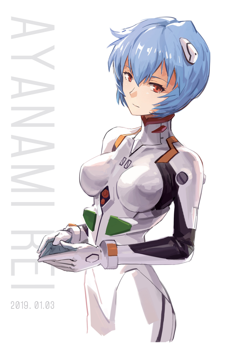 1girl ayanami_rei blue_hair bodysuit breasts character_name closed_mouth commentary_request cowboy_shot dated expressionless female_focus hair_between_eyes hair_ornament head_tilt highres impossible_bodysuit impossible_clothes interface_headset_(evangelion) linzhong_de_xiongbaobao looking_at_viewer mecha_pilot_suit medium_breasts neon_genesis_evangelion own_hands_together plugsuit_(evangelion) red_eyes short_hair simple_background skin_tight solo white_background white_bodysuit