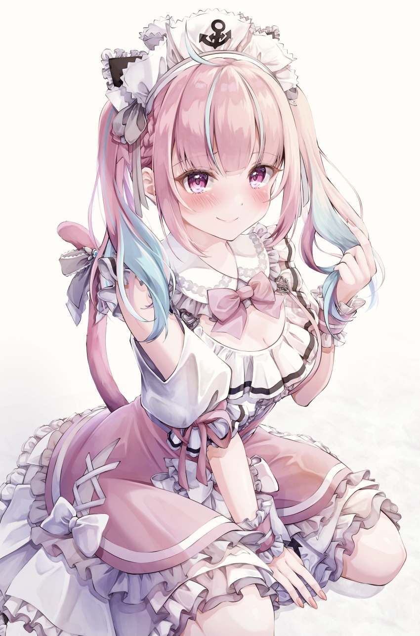 1girl absurdres ahoge anchor_print anchor_symbol animal_ears aqua_hair arm_cutout arm_ribbon baumku_techen blush bow braid breasts cat_ears cat_girl cat_tail center_frills cleavage closed_mouth commentary dress fingernails frilled_dress frilled_wrist_cuffs frills grey_ribbon highres holding holding_own_hair hololive large_breasts long_hair looking_at_viewer maid maid_headdress minato_aqua minato_aqua_(8th_costume) multicolored_hair nail_polish official_alternate_costume official_alternate_hairstyle pink_bow pink_dress pink_eyes pink_hair pink_nails pink_ribbon pink_wrist_cuffs ribbon short_sleeves simple_background sitting smile solo streaked_hair striped_clothes striped_wrist_cuffs tail tail_ornament tail_ribbon twintails two-tone_hair virtual_youtuber white_background white_bow white_headdress wrist_cuffs wristband