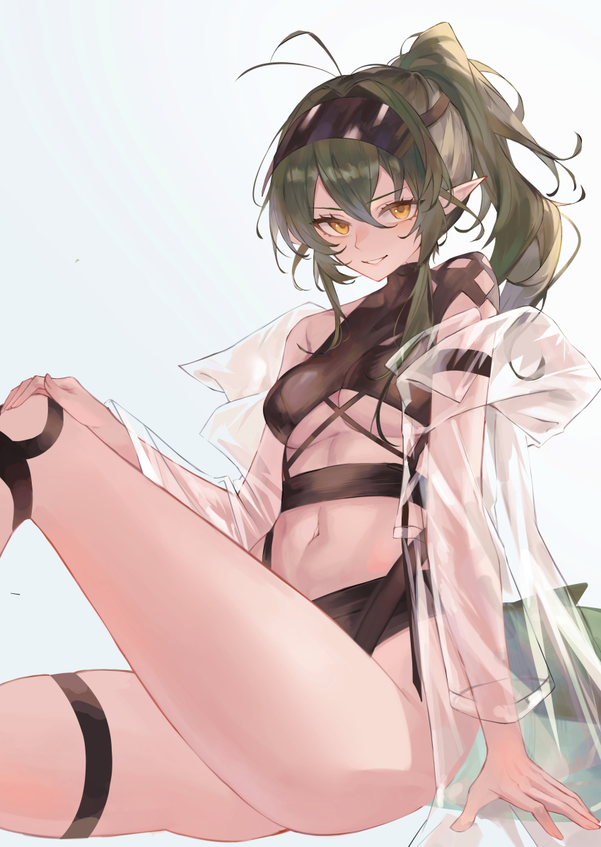 1girl absurdres arknights bikini black_bikini breasts commentary gavial_(arknights) green_hair grey_background hair_between_eyes hand_on_own_knee highres knee_up linea_alba long_hair looking_at_viewer medium_breasts navel pointy_ears ponytail puranetto_(vjun4748) see-through_clothes see-through_sleeves sitting smile solo stomach swimsuit thigh_strap underboob yellow_eyes