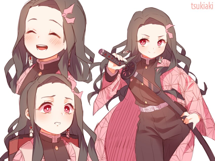 1girl absurdres alternate_costume alternate_universe black_hair breasts closed_eyes closed_mouth cosplay demon_slayer_uniform hair_ribbon haori highres holding holding_sword holding_weapon japanese_clothes kamado_nezuko kamado_tanjirou kamado_tanjirou_(cosplay) kimetsu_no_yaiba long_hair long_sleeves looking_at_viewer multicolored_hair pink_eyes pink_ribbon ribbon smile solo sword tsukiaki_teriyaki very_long_hair weapon