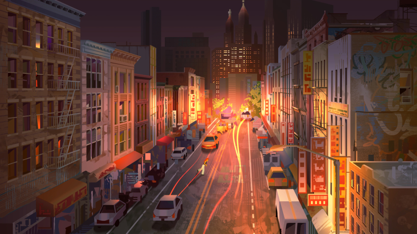 1girl architecture building car city city_lights cityscape door graffiti highres lamppost motor_vehicle night night_sky no_humans original outdoors railing road scenery sign sky skyline stairs street taxi traffic truck urban very_wide_shot window yingshiart