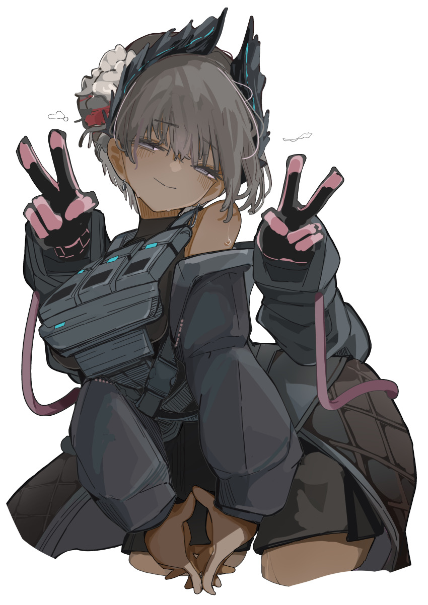 1girl absurdres arknights bare_shoulders bird black_feathers black_gloves black_jacket black_shorts black_wings breasts cable commentary_request cowboy_shot dark-skinned_female dark_skin double_v feathers gloves grey_eyes grey_hair head_wings highres interlocked_fingers jacket jacket_on_shoulders long_sleeves medium_breasts paid_reward_available pink_gloves raidian_(arknights) short_hair shorts smile solo tactical_clothes taiiiyakiii two-tone_gloves v wings