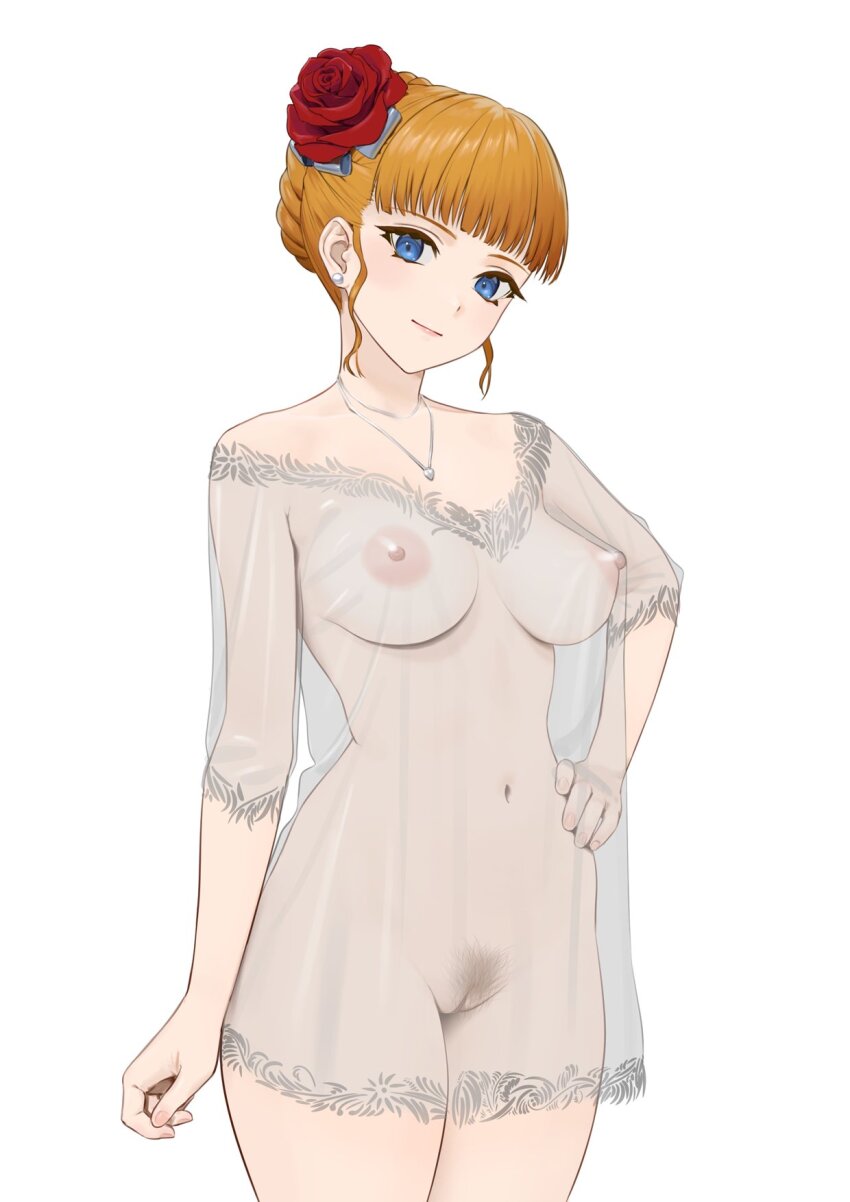 1girl arm_at_side beatrice_(umineko) blonde_hair blue_eyes braid breasts carlo_montie closed_mouth commentary commission covered_erect_nipples cowboy_shot earrings english_commentary female_pubic_hair flower hair_flower hair_ornament hand_on_own_hip head_tilt highres jewelry large_breasts light_blush light_smile navel necklace nightgown nipples pubic_hair pussy red_flower red_rose rose see-through_clothes sidelocks simple_background single_earring sleepwear solo umineko_no_naku_koro_ni white_background