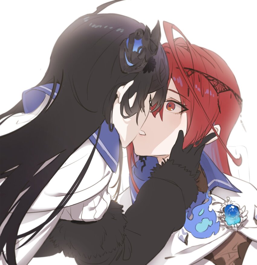 2girls black_gloves black_hair closed_eyes elizabeth_rose_bloodflame elizabeth_rose_bloodflame_(1st_costume) enigmatic_recollection gloves highres hololive hololive_english horns imminent_kiss long_hair multiple_girls nerissa_ravencroft nerissa_ravencroft_(1st_costume) otashishi red_eyes red_hair virtual_youtuber yuri