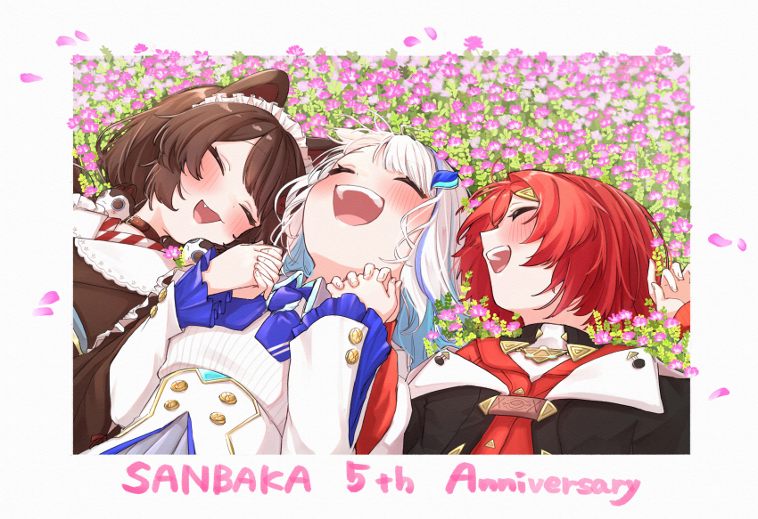 3girls 3znk :d ^_^ absurdres ange_katrina ange_katrina_(1st_costume) animal_ears animal_hair_ornament anniversary black_coat blue_hair blue_neckerchief blush border brown_collar brown_hair brown_kimono buttons cardigan closed_eyes coat collar colored_inner_hair commentary_request dog_ears double-breasted english_text fang field flower flower_field frills group_name hair_ornament high-waist_skirt highres holding_hands inui_toko inui_toko_(1st_costume) japanese_clothes kimono lize_helesta lize_helesta_(1st_costume) long_hair long_sleeves lying maid_headdress multicolored_hair multiple_girls neckerchief nijisanji off_shoulder on_back open_mouth pink_flower pink_petals red_cardigan red_hair sanbaka_(nijisanji) shirt short_hair side-by-side skirt smile streaked_hair teeth triangle_hair_ornament turning_head two-tone_hair upper_body upper_teeth_only virtual_youtuber white_border white_hair white_headdress white_shirt white_skirt