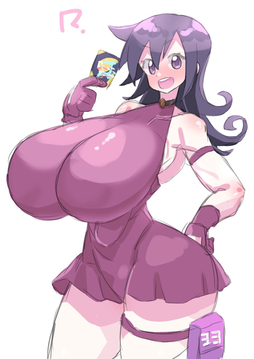 1girl ? absurdres akan_mori bare_shoulders black_hair breasts card cowboy_shot dress duel_masters female_focus gigantic_breasts gloves hand_on_own_hip highres holding holding_card impossible_clothes impossible_dress long_hair looking_at_viewer matching_hair/eyes open_mouth purple_dress purple_eyes red_dress smile solo standing tasogare_mimi taut_clothes taut_dress thick_thighs thighs white_background wide_hips
