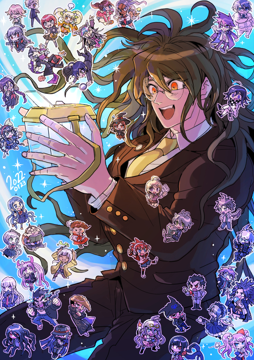 &gt;_&lt; 6+boys 6+girls adjusting_eyewear ahoge akamatsu_kaede amami_rantaro apron arm_up armband arms_behind_head arms_up asahina_aoi backpack bag beanie black_coat black_hat black_pants black_skirt blonde_hair blue_shirt blue_shorts blue_skirt blush_stickers book braid brown_hair brown_jacket brown_pants brown_skirt bug bug_cage butterfly camera candle chabashira_tenko chain checkered_clothes checkered_scarf chef_hat chibi clenched_hand coat cone_hair_bun cosplay crossdressing crossed_arms crossed_legs crystal_ball daimon_masaru_(danganronpa) danganronpa:_trigger_happy_havoc danganronpa_(series) danganronpa_2:_goodbye_despair danganronpa_another_episode:_ultra_despair_girls danganronpa_v3:_killing_harmony dated donut electricity enoshima_junko enoshima_junko_(cosplay) fake_horns fang fighting_stance fingernails food food_in_mouth fortissimo fujisaki_chihiro fukawa_toko glasses goggles goggles_on_head gokuhara_gonta green_hat green_necktie grey_hair grey_socks hagakure_yasuhiro hair_between_eyes hair_bun hair_ornament hamster hanamura_teruteru hand_on_own_hip happy harukawa_maki hat headphones heterochromia highres hinata_hajime holding holding_book holding_camera holding_candle holding_magnifying_glass holding_paintbrush holding_paper holding_staff holding_teapot hood hood_down horns hoshi_ryoma ikusaba_mukuro index_finger_raised insect iruma_miu ishimaru_kiyotaka jacket japanese_clothes k1-b0 kamukura_izuru kimono kirigiri_kyoko koizumi_mahiru kumakoro_(tetsupag) kuzuryu_fuyuhiko laughing long_hair long_sleeves looking_back low_twintails magnifying_glass mask messy_hair mini_chef_hat mioda_ibuki momota_kaito mouth_mask multiple_boys multiple_girls musical_note musical_note_hair_ornament naegi_makoto neckerchief necktie nidai_nekomaru ogami_sakura oma_kokichi open_clothes open_coat open_mouth orange_eyes orange_kimono outline owada_mondo paintbrush pants paper pekoyama_peko pleated_skirt pompadour pout purple_coat purple_hair purple_scarf red_apron red_armband red_eyes red_hair red_jacket red_neckerchief red_skirt round_eyewear saihara_shuichi saionji_hiyoko scar scar_across_eye scar_on_face scarf sheet_music shinguji_korekiyo shirogane_tsumugi shirt shorts skirt socks sonia_nevermind staff striped_clothes striped_jacket striped_pants tanaka_gundham tank_top teapot teeth thighhighs togami_byakuya_(danganronpa_2) tojo_kirumi torn_clothes torn_thighhighs twin_braids twintails ultimate_imposter upper_teeth_only utsugi_kotoko v-shaped_eyebrows very_long_hair white_butterfly white_outline white_tank_top wide_sleeves witch_hat yamada_hifumi yellow_butterfly yellow_necktie yonaga_angie yumeno_himiko