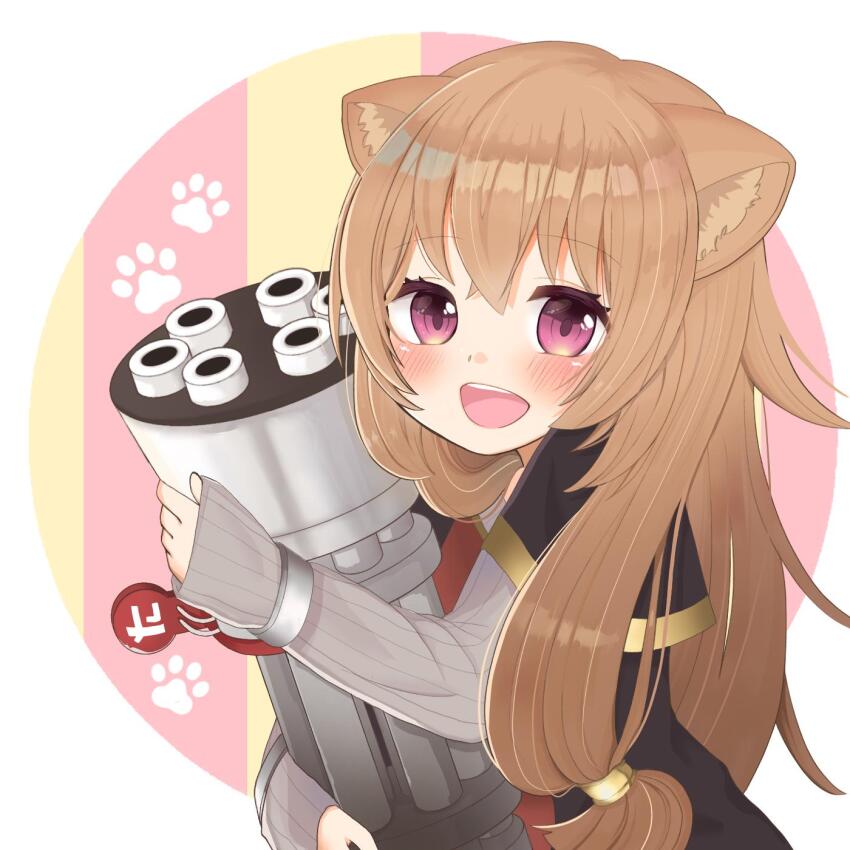 1girl :d animal_ear_fluff animal_ears black_dress blush child commentary dress english_commentary eyelashes gatling_gun gold_trim grey_dress gun hair_between_eyes highres holding holding_gun holding_weapon hugging_object long_sleeves looking_at_viewer messy_hair metal_hair_tubes metal_wrist_cuffs minigun open_mouth pink_eyes raccoon_ears raccoon_girl raphtalia red_dress short_sleeves smile solo striped_clothes striped_dress tate_no_yuusha_no_nariagari teeth third-party_source two-tone_dress upper_body upper_teeth_only vertical-striped_clothes vertical-striped_dress weapon x_x_ctr