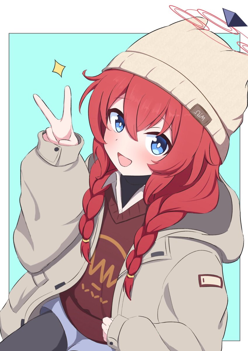 1girl :d aqua_background beanie black_pantyhose blue_archive blue_eyes blush border braid bright_pupils brown_sweater coat commentary cowboy_shot grey_coat grey_hat hair_between_eyes halo hand_up happy hat highres hood hood_down iggy@cafe long_hair looking_at_viewer low_twintails maki_(blue_archive) maki_(camp)_(blue_archive) official_alternate_costume official_alternate_hairstyle open_clothes open_coat open_mouth outside_border pantyhose red_hair red_halo simple_background sitting sleeves_past_wrists smile solo sparkle sweater twin_braids twintails v white_border white_pupils