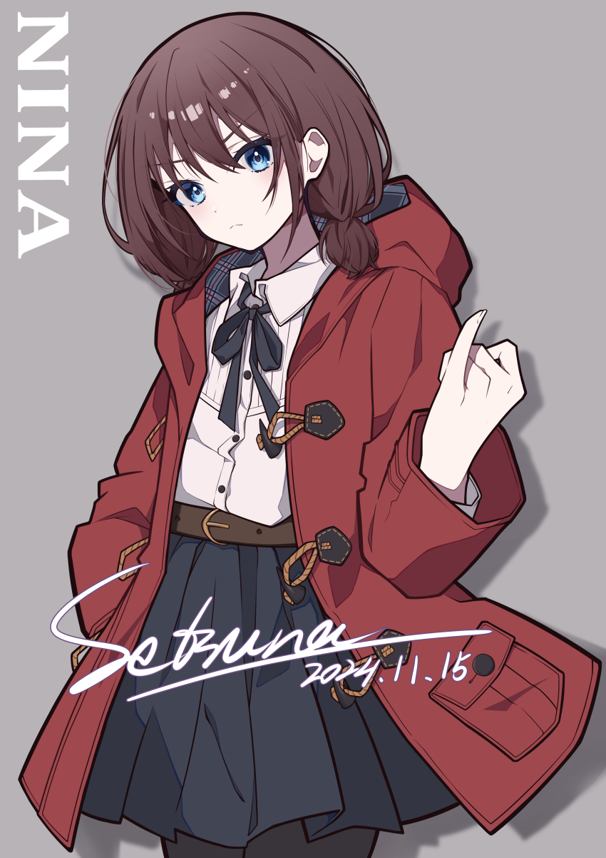 1girl absurdres black_pantyhose black_ribbon blue_eyes blue_skirt brown_background brown_hair character_name closed_mouth coat collared_shirt commentary dated dress_shirt girls_band_cry grey_background hand_in_pocket highres iseri_nina low_twintails neck_ribbon open_clothes open_coat pantyhose pinky_out pleated_skirt red_coat ribbon setsuna_0430 shirt shirt_tucked_in short_hair short_twintails signature simple_background skirt solo twintails white_shirt
