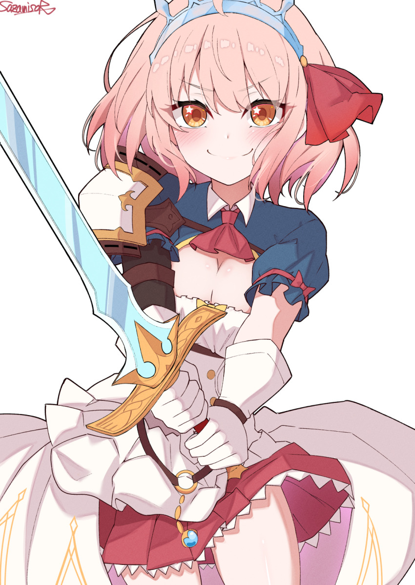 1girl armor blush breasts chieru_(princess_connect!) cleavage closed_mouth cosplay cowboy_shot dot_nose dress frilled_skirt frills gloves hair_between_eyes hair_ribbon highres holding holding_sword holding_weapon legs_apart looking_at_viewer medium_breasts miniskirt orange_eyes own_hands_together pecorine_(princess_connect!) pecorine_(princess_connect!)_(cosplay) pink_hair pleated_skirt princess_connect! red_ribbon red_skirt ribbon sazamiso_rx short_hair shoulder_armor shrug_(clothing) sidelocks simple_background skirt sleeveless sleeveless_dress smile solo star_(symbol) star_in_eye straight-on sword symbol_in_eye thighs tiara v-shaped_eyebrows weapon white_background white_dress white_gloves
