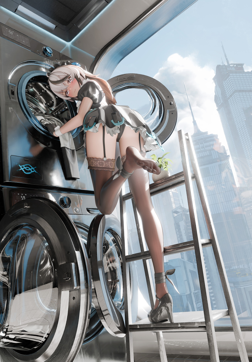 1girl absurdres ankle_ribbon ass black_hair black_panties black_thighhighs blush building cherno_kegaard city cloud cloudy_sky feet fine_fabric_emphasis from_behind garter_straps high_heels highres indoors ladder laundromat leg_ribbon long_hair looking_back maid maid_headdress mr_ito multicolored_hair on_ladder panties pantyshot plant pleated_skirt potted_plant ribbon shoes single_shoe skirt sky skyscraper snowbreak:_containment_zone soles solo thighhighs toes underwear washing_machine wavy_mouth white_eyes white_hair window