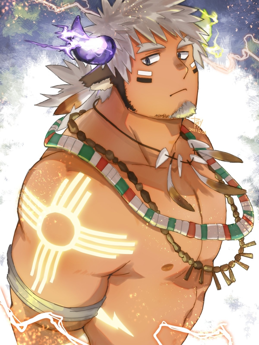 1boy animal_ears asymmetrical_horns bara black_eyes closed_mouth cow_boy cow_ears cow_horns dark-skinned_male dark_skin electricity eye_black facial_hair feather_necklace fiery_horns forked_eyebrows glowing_horns glowing_tattoo goatee grey_eyes highres horns jewelry large_pectorals looking_at_viewer male_focus mismatched_horns muscular muscular_male necklace nipples pectorals ponytail short_hair shoulder_tattoo sideburns signature silver_hair solo spiked_hair tattoo thick_eyebrows timestamp tokyo_houkago_summoners wakan_tanka wakan_tanka_mugen yanutorie