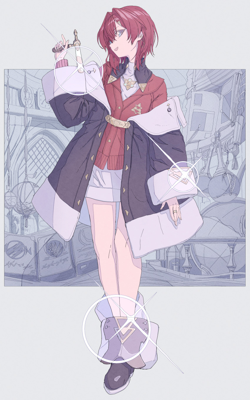 1girl :d absurdres ange_katrina ange_katrina_(1st_costume) arched_window bare_legs black_boots black_coat blue_eyes book boots border bottle cardigan clock coat commentary_request earrings flask flat_chest full_body glint grey_border hair_between_eyes hair_intakes hair_ornament hand_up hexagram highres holding hoop_earrings jewelry long_bangs long_sleeves looking_at_viewer medium_hair million_mandala monochrome_background nijisanji off_shoulder open_book open_mouth outside_border pale_color red_cardigan red_hair ring round-bottom_flask smile solo spray_bottle standing star_of_david teeth triangle_hair_ornament turning_head upper_teeth_only virtual_youtuber wide_sleeves window