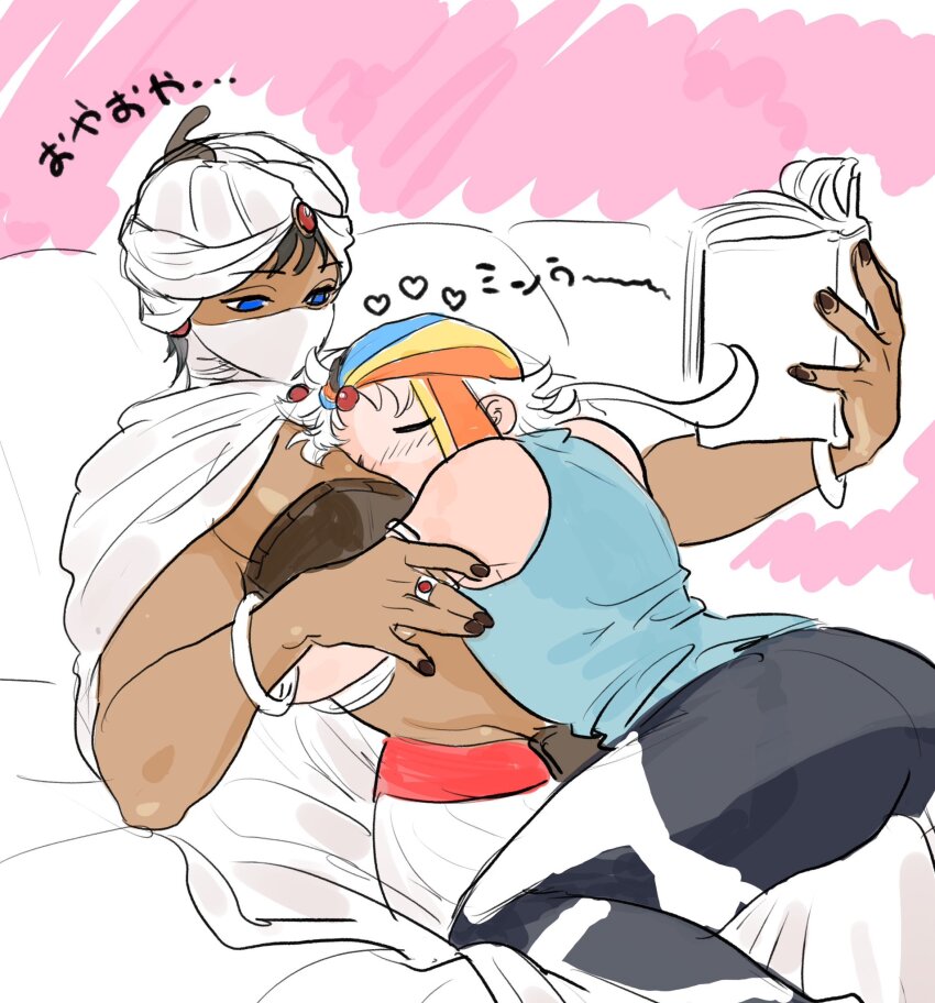 2boys arched_back bandana between_breasts black_pants blue_eyes blue_shirt blush book bracelet breasts brown_hair brown_nails cape closed_eyes commentary couple face_between_breasts face_between_pectorals final_fantasy final_fantasy_ii firion gem hand_on_another&#039;s_arm hand_up harem_pants head_between_breasts head_on_chest heart highres holding holding_book hug jewelry long_hair looking_at_another looking_down lying male_focus mask midriff minwu mouth_mask multiple_boys nail_polish on_bed on_lap pants pectorals pillow pink_background ponytail red_gemstone ring shirt short_hair sitting sleeveless sleeveless_shirt spoken_heart straddling tokumei_wombat toned toned_male translated upper_body white_cape white_hair white_pants white_turban yaoi