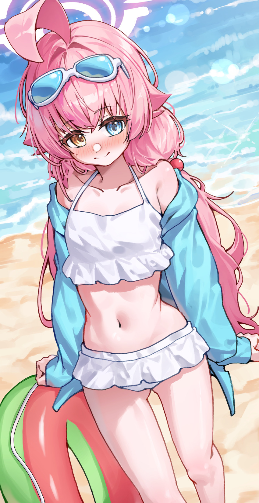 1girl absurdres ahoge beach bikini blue-tinted_eyewear blue_archive blue_jacket blush capry eyewear_on_head frilled_bikini frills hair_bobbles hair_ornament halo heterochromia highres hoshino_(blue_archive) hoshino_(swimsuit)_(blue_archive) huge_ahoge jacket long_hair low_twintails navel ocean official_alternate_costume open_clothes open_jacket pink_halo smile solo sunglasses swim_ring swimsuit tinted_eyewear twintails white-framed_eyewear white_bikini