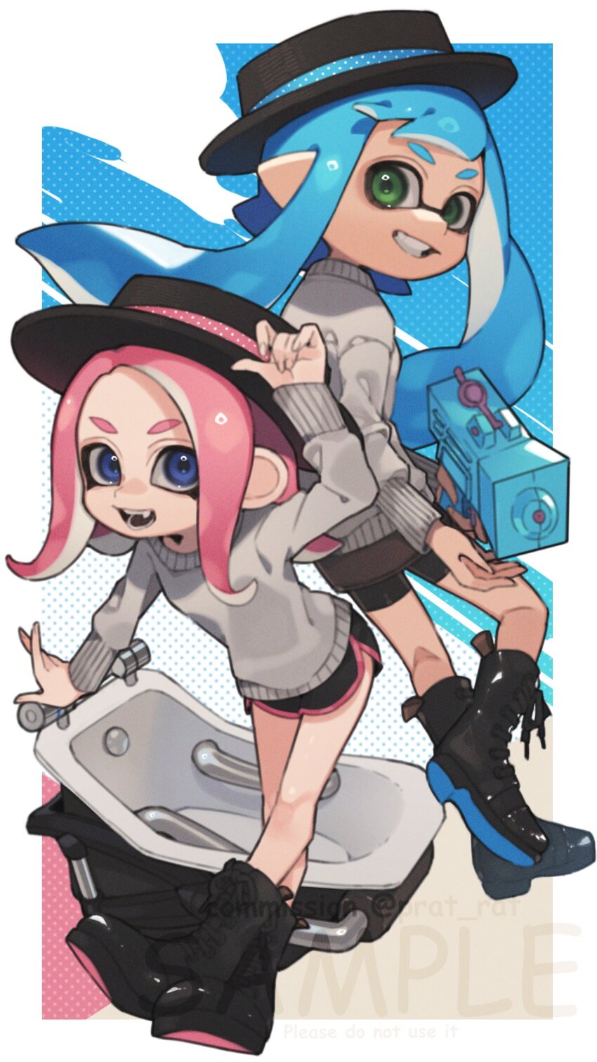 2girls absurdres arm_up black_footwear black_hat black_shorts bloblobber_(splatoon) blue_eyes blue_hair blue_ribbon boater_hat boots border brown_skirt commentary commission dolphin_shorts english_commentary fangs film_grain full_body green_eyes grin hand_on_headwear hat hat_ribbon highres inkling inkling_girl inkling_player_character lace-up_boots long_hair long_sleeves looking_at_viewer medium_hair multicolored_background multiple_girls nintendo octoling octoling_girl octoling_player_character open_mouth parted_bangs pink_hair pink_ribbon pointy_ears polka_dot polka_dot_background polka_dot_ribbon prat_rat ribbon sample_watermark shorts shorts_under_skirt skirt smile splatoon_(series) splattershot_jr._(splatoon) standing sweater tentacle_hair watermark white_border white_sweater