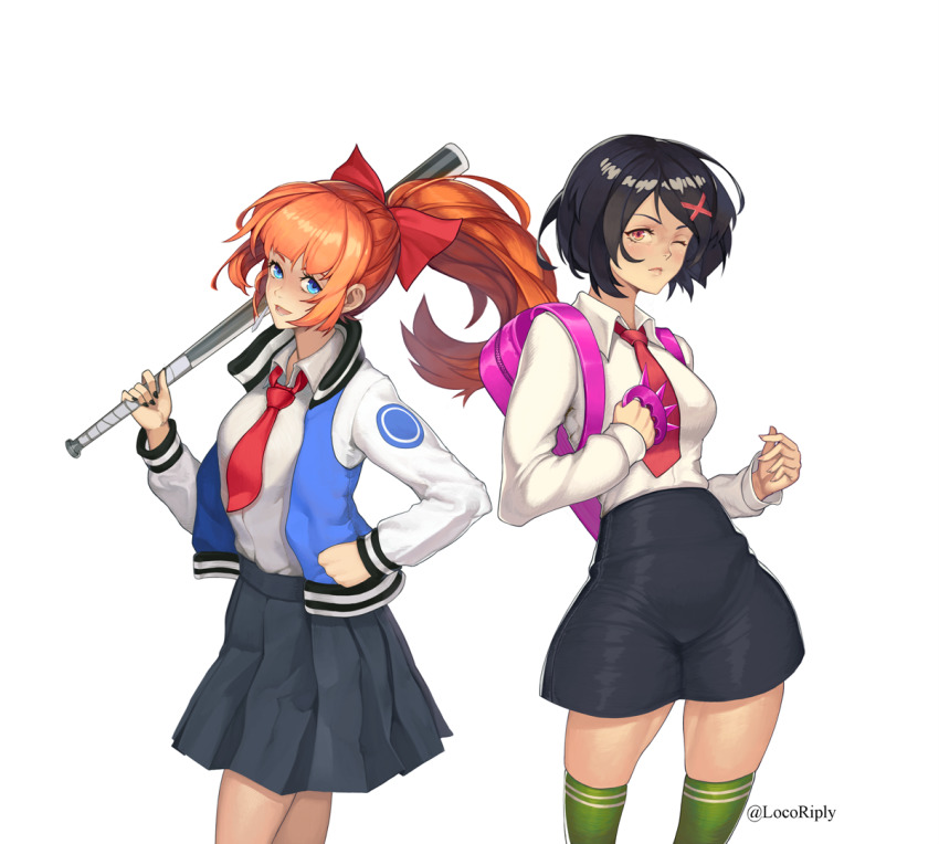 2girls backpack bag baseball_bat black_hair black_skirt blue_eyes brass_knuckles breasts cosmetics dmitriy_samarkin green_legwear hair_ornament hair_ribbon hand_in_jacket jacket kunio-kun_series kyoko_(kunio-kun) letterman_jacket long_hair looking_at_viewer misako_(kunio-kun) multiple_girls necktie one_eye_closed orange_hair pleated_skirt ponytail red_eyes red_neckwear red_ribbon ribbon river_city_girls shirt short_hair shorts skirt small_breasts thighhighs twitter_username weapon white_background white_shirt x_hair_ornament