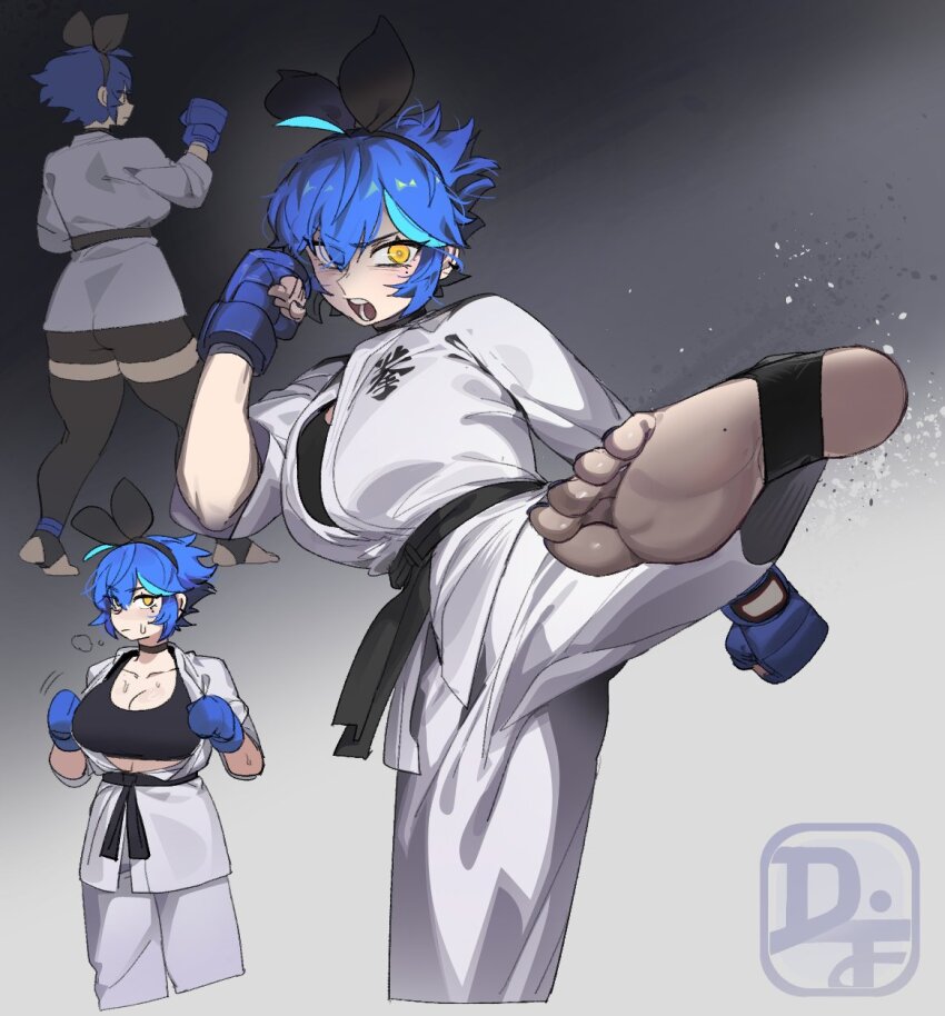 1girl black_bra black_ribbon blue_hair bra breasts cleavage cowboy_shot dif_(difman) difman dougi fighting_stance gauntlets gradient_background grey_background hair_ribbon highres karate_gi kicking large_breasts missing_commentary mole mole_under_eye multiple_views original pants ribbon short_hair simple_background tunic underwear white_pants white_tunic yellow_eyes