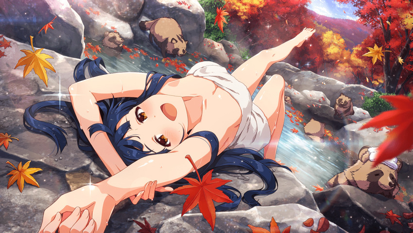 1girl arm_up armpits autumn autumn_leaves bathing blue_hair blunt_ends breasts cleavage day falling_leaves foreshortening forest idolmaster idolmaster_million_live! idolmaster_million_live!_theater_days kitakami_reika leaf leg_up legs long_hair looking_at_viewer lying maple_leaf nature official_art on_back onsen open_mouth outdoors raccoon rock smile solo towel towel_on_head tree water