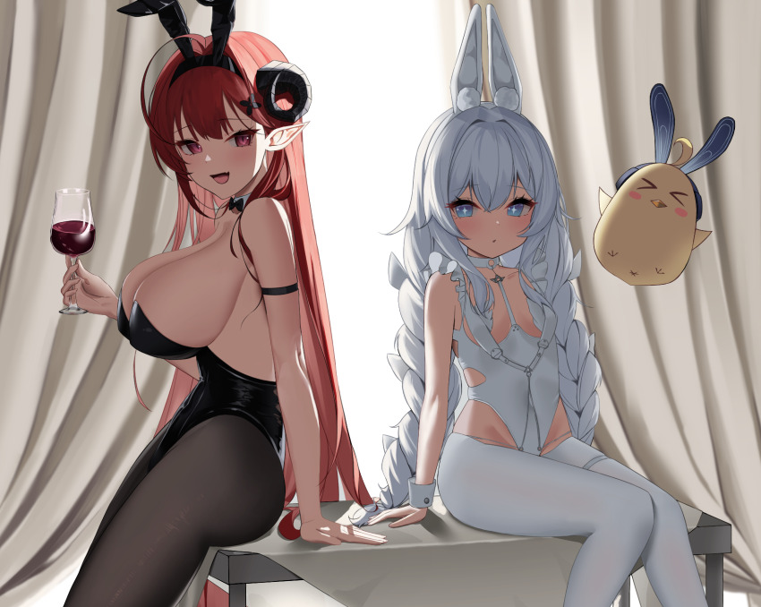 2girls animal_ears arm_strap azur_lane black_horns black_pantyhose blush braid breasts cleavage commentary_request cross-shaped_pupils cup curled_horns curtains demon_girl demon_horns desk drinking_glass fake_animal_ears flat_chest grey_eyes hair_between_eyes highres hindenburg_(azur_lane) hindenburg_(delirious_duel)_(azur_lane) holding holding_cup horns large_breasts le_malin_(azur_lane) le_malin_(listless_lapin)_(azur_lane) leotard long_hair looking_at_viewer low_twin_braids manjuu_(azur_lane) multiple_girls on_desk open_mouth pantyhose playboy_bunny pointy_ears rabbit_ears red_eyes red_hair sideboob sitting smile symbol-shaped_pupils twin_braids white_hair white_pantyhose white_wrist_cuffs wrist_cuffs wynnblue