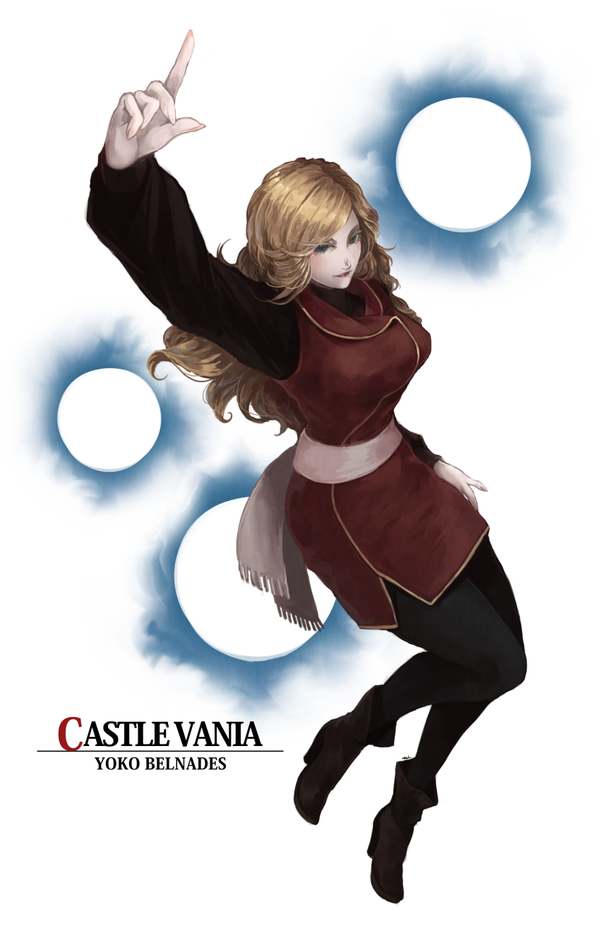 1girl absurdres arm_up belt blonde_hair blue_eyes breasts brown_shoes castlevania:_dawn_of_sorrow castlevania_(series) character_name closed_mouth copyright_name female_focus food_fighter_441 full_body hand_gesture high_heels highres index_finger_raised konami large_breasts lipstick long_hair long_sleeves makeup pantyhose shoes smile solo white_background yoko_belnades