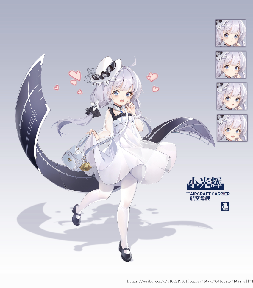 1girl absurdres azur_lane black_shoes blue_eyes child clothes_lift dress dress_lift full_body grey_background hand_to_own_mouth hat heart highres lifting_own_clothes little_illustrious_(azur_lane) long_hair low_twintails mary_janes multiple_expressions open_mouth pantyhose shoes silver_hair simple_background skirt_hold smile solo twintails watermark web_address white_dress white_hat white_pantyhose yu_bing