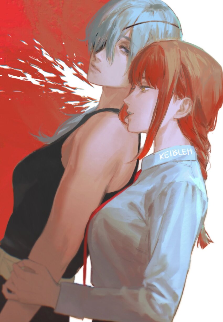 2girls artist_name black_eyes braid braided_ponytail chainsaw_man collared_shirt commentary eyepatch from_behind highres holding_another&#039;s_arm keibleh long_hair looking_at_another looking_to_the_side makima_(chainsaw_man) multiple_girls necktie quanxi_(chainsaw_man) red_hair red_necktie redrawn shirt sidelocks symbol-only_commentary two-tone_background white_hair white_shirt yellow_eyes yuri