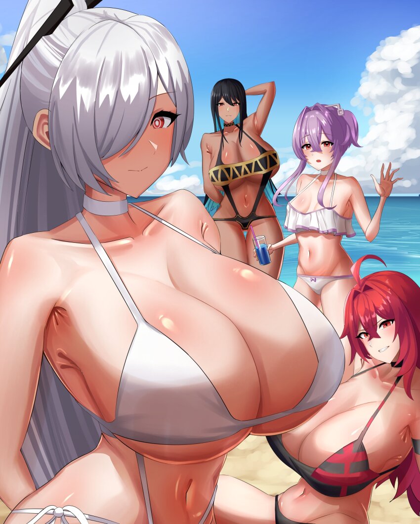 4girls absurdres ahoge bare_shoulders beach bikini black_bikini black_hair blue_hair breasts choker cinderella_(nikke) cleavage collarbone colored_inner_hair day frilled_bikini frills goddess_of_victory:_nikke highres huge_breasts indivilia_(nikke) liberalio_(nikke) long_hair midriff multicolored_bikini multicolored_hair multiple_girls nakamura_harunobu navel nihilister_(nikke) ocean outdoors ponytail purple_hair red_bikini red_eyes red_hair sand short_hair_with_long_locks swimsuit twintails two-tone_bikini very_long_hair water white_bikini white_choker white_hair