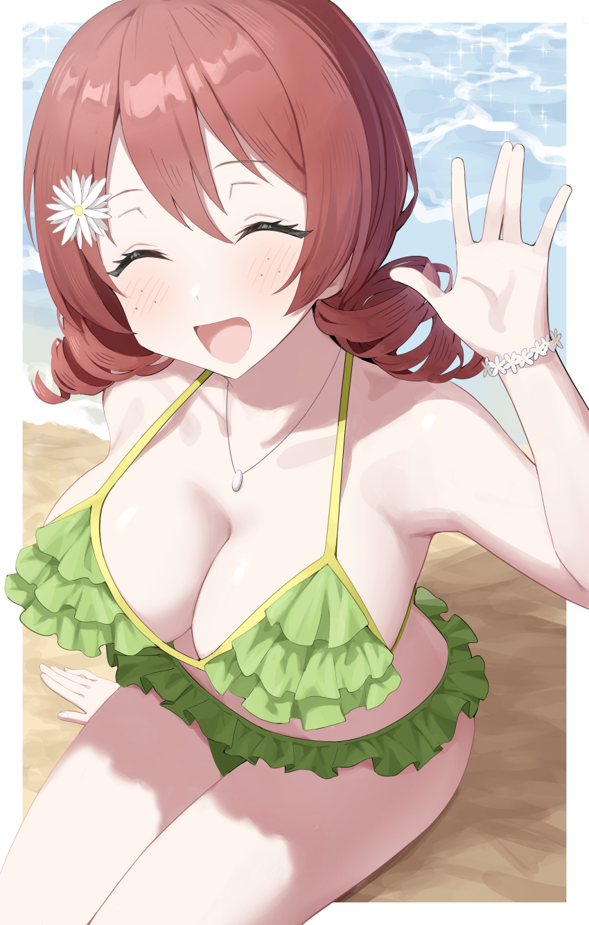 1girl ^_^ absurdres beach bikini blush border breasts cleavage closed_eyes collarbone commentary_request emma_verde freckles frilled_bikini frills green_bikini hand_up highres jewelry large_breasts long_hair love_live! love_live!_nijigasaki_high_school_idol_club necklace ocean on_ground open_mouth outside_border red_hair ruffle_bikini sitting smile solo swimsuit thighs waving white_border yuu_(shampoohatslime)