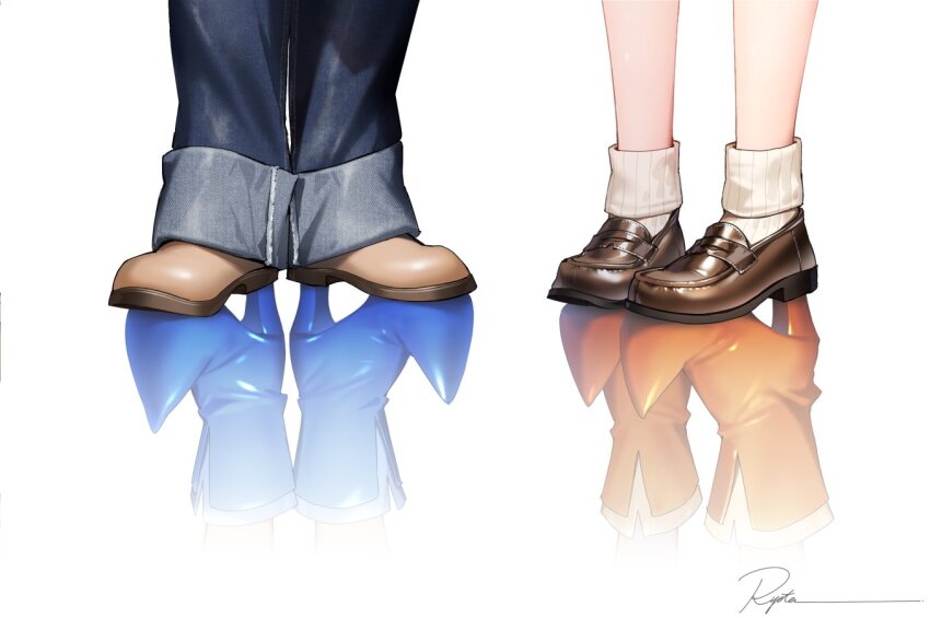 2girls blue_footwear boots brown_footwear brown_pants denim different_reflection feet feet_only foot_focus fujiwara_hazuki jeans loafers multiple_girls ojamajo_doremi orange_boots pants pointy_footwear reflection reflective_floor ryota_(ry_o_ta) senoo_aiko shoes signature simple_background socks standing white_background white_socks