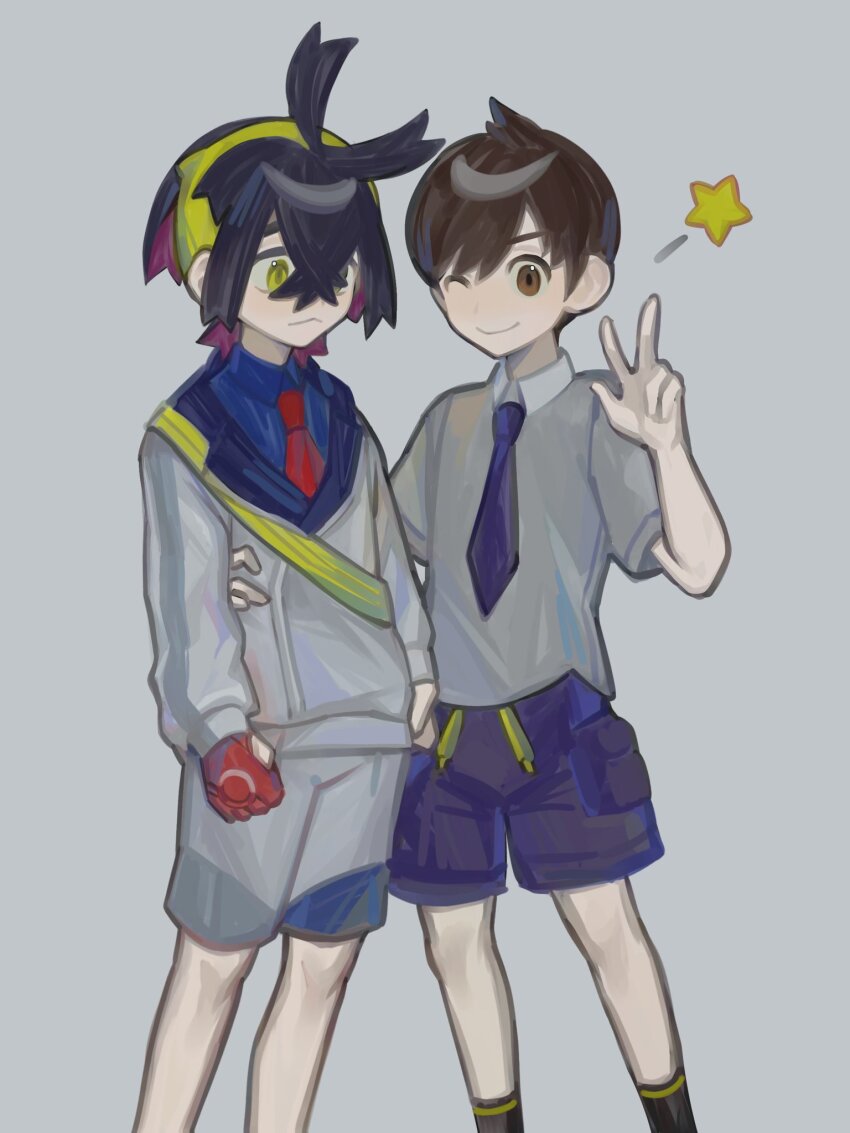 2boys black_hair black_socks blue_necktie blue_shorts brown_eyes brown_hair closed_mouth crossed_bangs florian_(pokemon) gloves grey_background hairband highres kieran_(pokemon) male_focus mih_nguynn multiple_boys necktie nintendo one_eye_closed partially_fingerless_gloves pokemon pokemon_sv purple_hair red_gloves school_uniform shirt shorts simple_background single_glove smile socks star_(symbol) uva_academy_school_uniform w yellow_eyes yellow_hairband