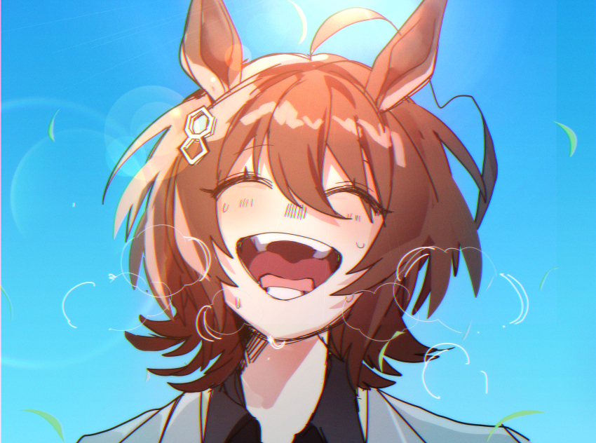 1girl ^_^ agnes_tachyon_(umamusume) ahoge animal_ears black_shirt blush breath brown_hair closed_eyes collared_shirt earrings facing_viewer highres horse_ears horse_girl jewelry lens_flare open_mouth outdoors portrait shirt short_hair single_earring sky smile solo sun sweat uma2_0429 umamusume