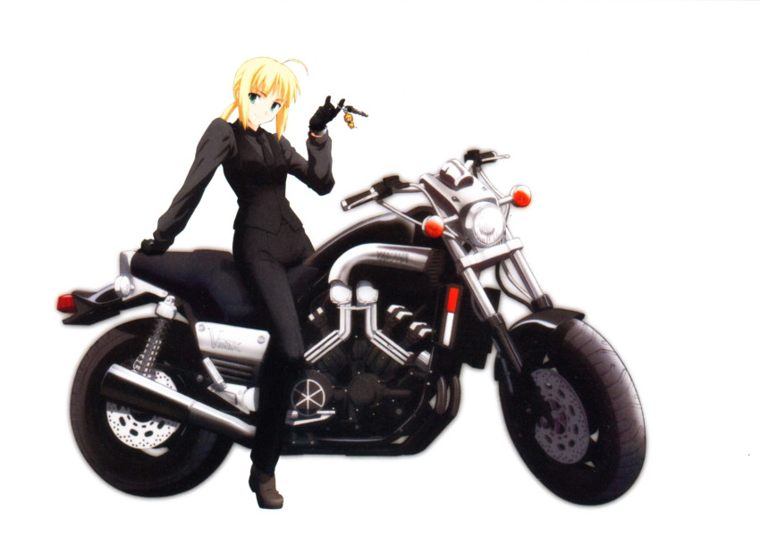 1girl absurdres ahoge artoria_pendragon_(fate) blonde_hair detexted fate/stay_night fate/tiger_colosseum fate/zero fate_(series) female_focus formal_clothes green_eyes highres key motor_vehicle motorcycle nagamori_masato necktie pant_suit pants saber_(fate) saber_lion solo suit third-party_edit vehicle yamaha