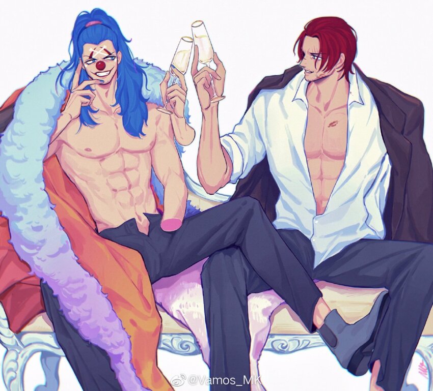 2boys abs black_pants blue_eyes blue_hair blue_nails buggy_the_clown cape champagne_flute clown_nose collarbone collared_shirt cup disembodied_hand drinking_glass eyelashes fur-trimmed_cape fur_trim grey_shoes grin lipstick_mark_on_chest long_hair looking_at_another male_focus multiple_boys navel nipples one_piece open_clothes open_fly open_shirt orange_cape pants parted_lips pectorals ponytail red_hair scar scar_across_eye scar_on_face shanks_(one_piece) shirt shoes short_hair sitting smile toasting_(gesture) toned toned_male topless_male vamos_mk white_shirt