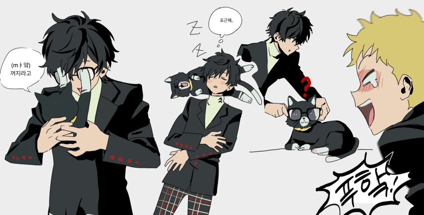 2boys amamiya_ren animal betti_(xx_betti) black-framed_eyewear black_hair cat glasses highres holding holding_animal morgana_(cat)_(persona_5) morgana_(persona_5) multiple_boys persona persona_5 persona_5_the_royal sakamoto_ryuuji school_uniform shuujin_academy_school_uniform sleeping tuxedo_cat unworn_eyewear