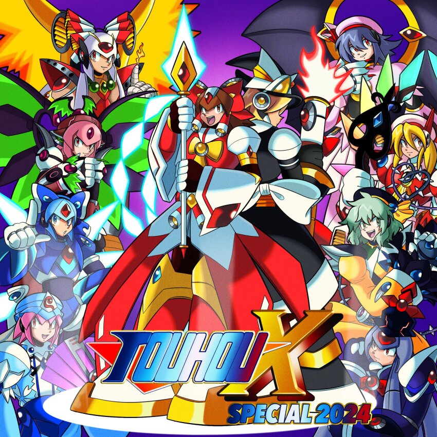1990s_(style) android animal_ears animemaster armor ascot back bandaged_hand bandages bat_hair_ornament bat_wings bird_wings black_armor black_ribbon black_wings blonde_hair blue_armor blue_eyes blue_hair blue_helmet blue_ribbon blue_wings bow broom brown_eyes brown_hair chest_jewel cirno claws clenched_teeth closed_mouth cowboy_shot crossover crystal crystal_wings detached_sleeves fiery_wings fire flandre_scarlet folding_fan forehead_jewel frilled_bow frilled_hair_tubes frills from_side fujiwara_no_mokou full_body gloves green_eyes green_hair green_wings grey_hair hair_between_eyes hair_bow hair_ornament hair_over_eyes hair_ribbon hair_tubes hakama hakurei_reimu hand_fan hand_on_own_hip hand_on_own_leg hand_up hands_on_own_chin hands_up hat hat_bow hat_ribbon heart heart_of_string helmet highres hitodama holding holding_fan holding_polearm holding_weapon ice ice_wings index_finger_raised interlocked_fingers japanese_clothes jewelry kamishirasawa_keine kimono kirisame_marisa komeiji_koishi laevatein_(touhou) logo logo_parody long_hair long_sleeves looking_at_viewer mechanical_wings medium_hair mega_man_(classic) mega_man_(series) mega_man_8 mega_man_x_(series) miko mob_cap multicolored_wings multiple_girls mystia_lorelei open_mouth out_of_frame own_hands_together pink_armor pink_eyes pink_hair pink_hat polearm puffy_sleeves red_armor red_ascot red_eyes red_ribbon remilia_scarlet retro_artstyle ribbon robot robot_ears saigyouji_yuyuko shirt short_hair short_sleeves shoulder_armor shoulder_jewel side_ponytail skirt smile standing teeth thinking touhou triangular_headpiece upper_teeth_only very_long_hair weapon white_gloves white_hair white_ribbon white_wings wide_sleeves winged_hat wings witch witch_hat yellow_ascot yellow_shirt yellow_skirt yellow_wings yukata