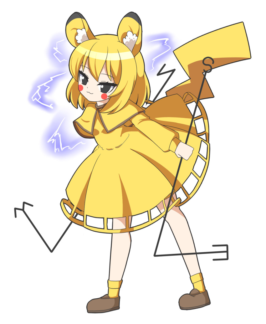 1girl :3 animal_ear_fluff animal_ears ankle_socks black_eyes blonde_hair blush_stickers bobby_socks brown_shoes capelet closed_mouth commentary_request cosplay dowsing_rod dress electricity full_body gen_1_pokemon highres holding long_sleeves looking_at_viewer medium_hair nazrin nintendo partial_commentary pikachu pikachu_(cosplay) pikachu_costume pokemon shoes smile socks solo standing touhou yellow_capelet yellow_dress yellow_socks zenji029