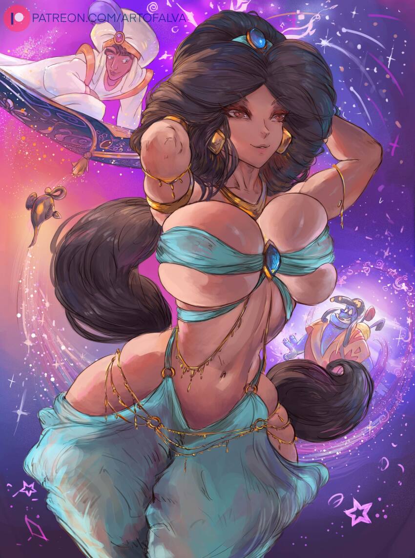 1girl absurdres aladdin_(disney) aladdin_(movie) alva big_hair breasts curvy dark-skinned_female dark_skin genie_(aladdin) highres huge_breasts jasmine_(disney) long_hair smile thick_thighs thighs wide_hips