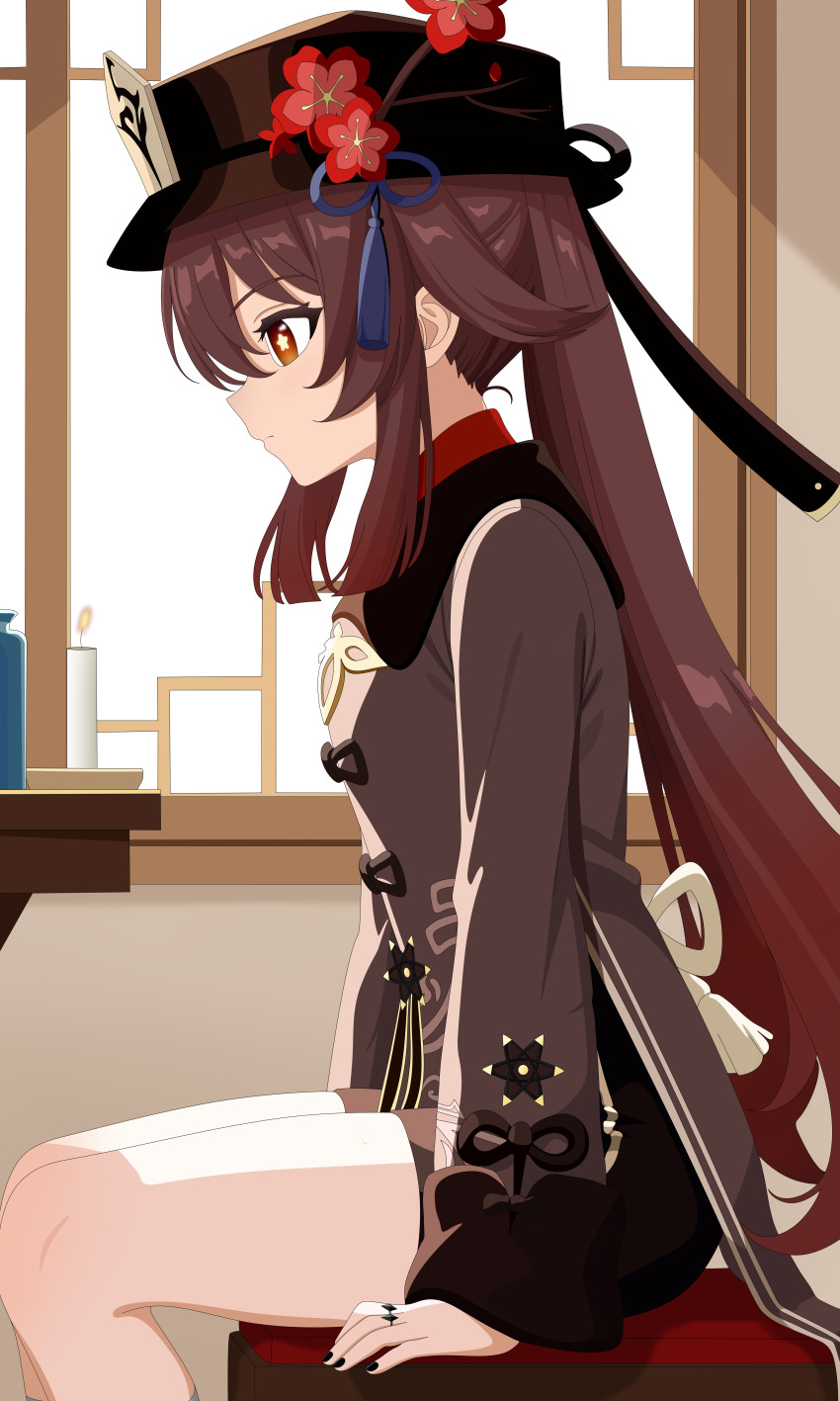 1girl absurdres arms_at_sides black_hat black_nails blunt_ends brown_dress brown_eyes brown_hair brown_shorts chinese_clothes closed_mouth commentary crat2222 dress expressionless feet_out_of_frame flower flower-shaped_pupils from_side genshin_impact hair_between_eyes hat hat_flower hat_tassel highres hu_tao_(genshin_impact) indoors jewelry long_hair long_sleeves looking_down multiple_rings nail_polish plum_blossoms porkpie_hat profile red_flower ring shorts sidelocks sitting solo straight_hair symbol-shaped_pupils twintails very_long_hair wide_sleeves window