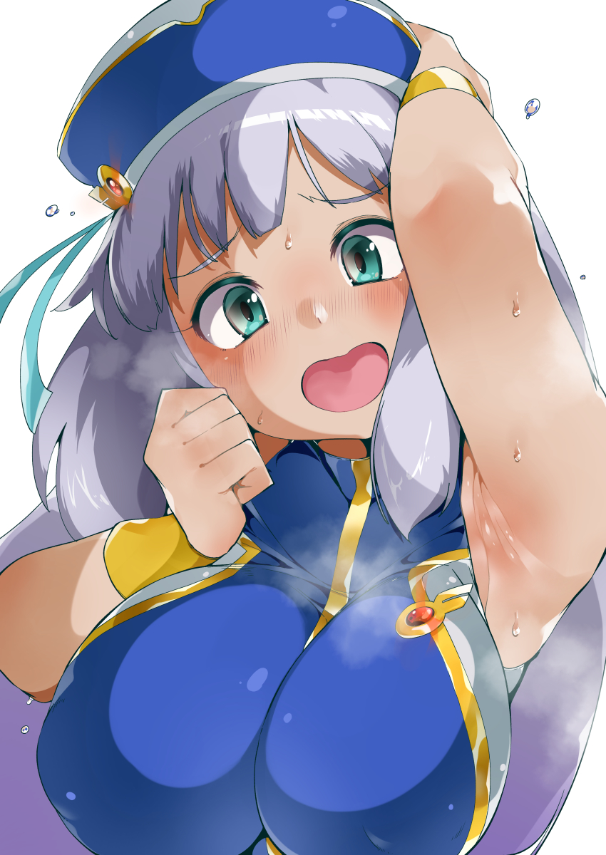 1girl absurdres aqua_eyes armpits blue_hair blush breasts covered_erect_nipples embarrassed grey_hair gundam gundam_exa hat highres kobo_(cobo_0609) large_breasts long_hair looking_at_viewer open_mouth skin_tight solo sthesia_awar sweat