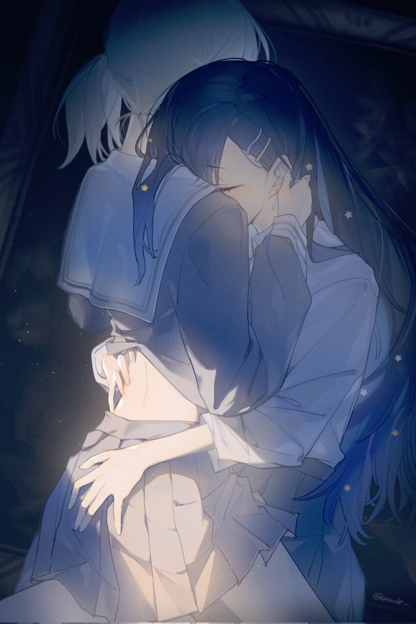2girls azusawa_kohane black_hair blonde_hair blue_hair chinese_commentary closed_eyes clothes_lift commentary_request from_behind hair_ornament hairclip hand_on_another&#039;s_ass highres hug jingzhaowhale lifting_another&#039;s_clothes long_hair long_sleeves multiple_girls pleated_skirt project_sekai shiraishi_an shirt shirt_lift short_twintails skirt twintails yuri